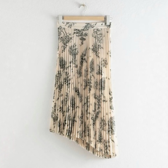 & Other Stories Asymmetric Plisse Skirt 0 Cream Black Pleated Midi Tree Print - Picture 1 of 14